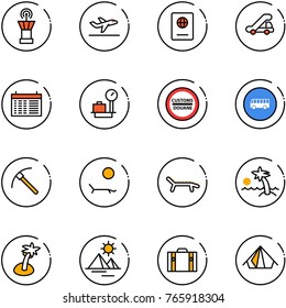 line vector icon set - airport tower vector, departure, passport, trap truck, schedule, baggage scales, customs road sign, bus, rock axe, lounger, palm, pyramid, suitcase, tent