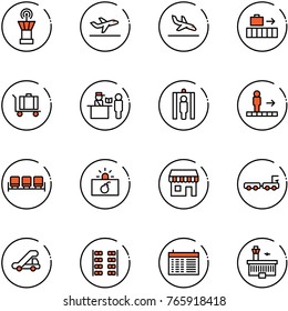 line vector icon set - airport tower vector, departure, arrival, baggage, passport control, metal detector gate, travolator, waiting area, terrorism, duty free, truck, trap, plane seats, schedule
