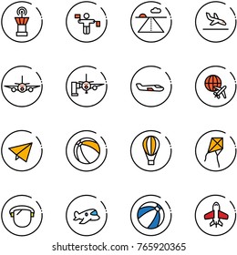 line vector icon set - airport tower vector, traffic controller, runway, arrival, plane, boarding passengers, small, globe, paper fly, ball, air balloon, kite, protect glass, toy, beach