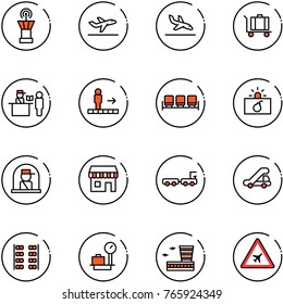 line vector icon set - airport tower vector, departure, arrival, baggage, passport control, travolator, waiting area, terrorism, officer window, duty free, truck, trap, plane seats, scales, building