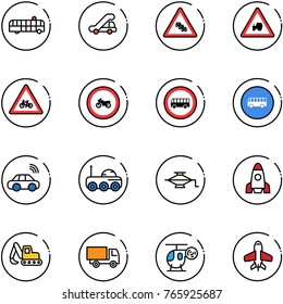 line vector icon set - airport bus vector, trap truck, multi lane traffic road sign, tractor way, for moto, no, car wireless, moon rover, jack, rocket, excavator toy, helicopter, plane