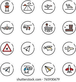 line vector icon set - airport tower vector, runway, departure, arrival, plane, helicopter, building, road sign, paper fly, toy