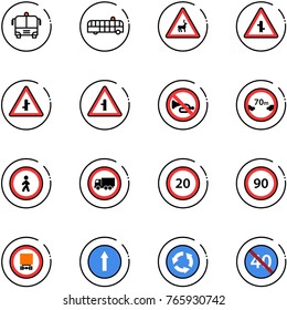 line vector icon set - airport bus vector, wild animals road sign, intersection, no horn, limited distance, pedestrian, truck, speed limit 20, 90, dangerous cargo, only forward, circle, end minimal
