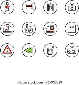 line vector icon set - airport tower vector, vip zone, metal detector gate, terrorism, officer window, building, floor scales, traffic light road sign, fast backward, remote control