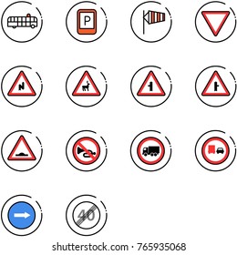 line vector icon set - airport bus vector, parking sign, side wind, giving way road, abrupt turn right, wild animals, intersection, artificial unevenness, no horn, truck, overtake, only