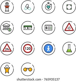 line vector icon set - airport tower vector, pills, stopwatch heart, currency, account, cash, finance calendar, round motion road sign, side wind, speed limit 120, pedestrian way, flask, success