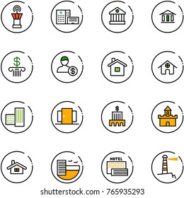 line vector icon set - airport tower vector, hospital building, bank, account, home, doors, sand fort, hotel, sea, lighthouse