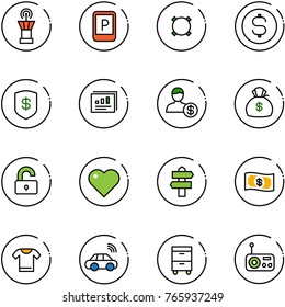 line vector icon set - airport tower vector, parking sign, currency, dollar coin, safe, statistics report, account, money bag, unlocked, heart, signpost, t shirt, car wireless, tool cabinet, radio