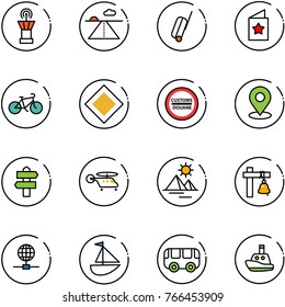 line vector icon set - airport tower vector, runway, suitcase, star postcard, bike, main road sign, customs, map pin, signpost, helicopter, pyramid, ship bell, globe, sailboat toy, bus, boat