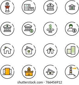 line vector icon set - airport tower vector, hospital building, bank, account, home, doors, sand fort, lighthouse