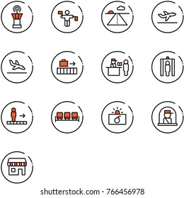 line vector icon set - airport tower vector, traffic controller, runway, departure, arrival, baggage, passport control, metal detector gate, travolator, waiting area, terrorism, officer window