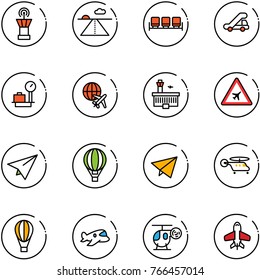 line vector icon set - airport tower vector, runway, waiting area, trap truck, baggage scales, plane globe, building, road sign, paper, air balloon, fly, helicopter, toy