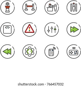 line vector icon set - airport tower vector, vip zone, passport control, metal detector gate, floor scales, traffic light road sign, settings, fast forward, backward, gear globe, remote