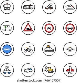 line vector icon set - airport bus vector, trap truck, snowmobile, encashment car, climb road sign, no moto, bike, baggage, jack, toy, plane, excavator