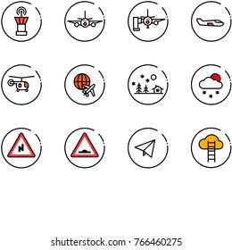 line vector icon set - airport tower vector, plane, boarding passengers, small, helicopter, globe, christmas landscape, snowfall, abrupt turn right road sign, artificial unevenness, paper fly