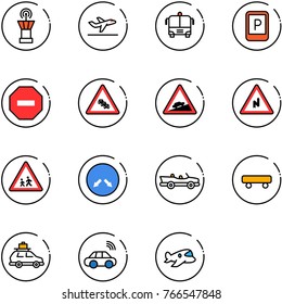 line vector icon set - airport tower vector, departure, bus, parking sign, no way road, multi lane traffic, climb, abrupt turn right, children, detour, cabrio, skateboard, car baggage, wireless