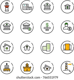 line vector icon set - airport tower vector, hospital building, bank, account, home, doors, sand fort, lighthouse