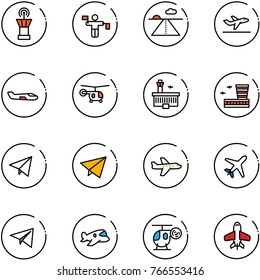 line vector icon set - airport tower vector, traffic controller, runway, departure, small plane, helicopter, building, paper fly, toy