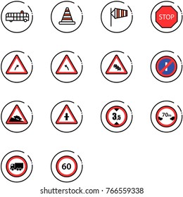 line vector icon set - airport bus vector, road cone, side wind, stop sign, turn right, left, multi lane traffic, no parkin odd, steep descent, intersection, limited height, distance, truck