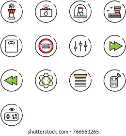 line vector icon set - airport tower vector, terrorism, officer window, building, floor scales, customs road sign, settings, fast forward, backward, gear globe, jalousie, remote control