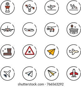 line vector icon set - airport tower vector, traffic controller, departure, arrival, plane, small, helicopter, building, road sign, paper fly, toy