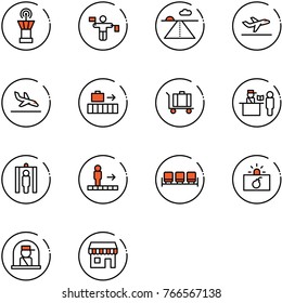 line vector icon set - airport tower vector, traffic controller, runway, departure, arrival, baggage, passport control, metal detector gate, travolator, waiting area, terrorism, officer window