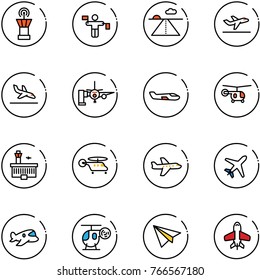 line vector icon set - airport tower vector, traffic controller, runway, departure, arrival, boarding passengers, small plane, helicopter, building, toy, paper