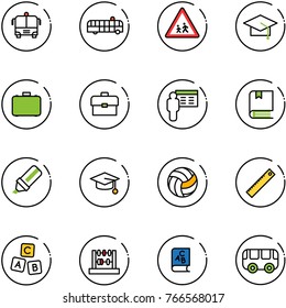 line vector icon set - airport bus vector, children road sign, graduate hat, case, portfolio, presentation, book, highlight marker, volleyball, ruler, abc cube, abacus, toy