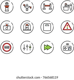 line vector icon set - airport tower vector, traffic controller, vip zone, passport control, terrorism, officer window, floor scales, light road sign, customs, settings, fast forward