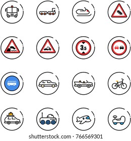 line vector icon set - airport bus vector, baggage truck, snowmobile, multi lane traffic road sign, embankment, car crash, limited height, no overtake, limousine, cabrio, bike, moon rover, plane toy