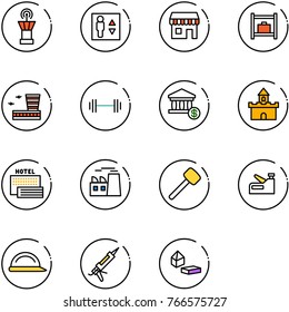line vector icon set - airport tower vector, elevator, duty free, baggage room, building, barbell, account, sand fort, sea hotel, plant, rubber hammer, stapler, construction helmet, gun sealant