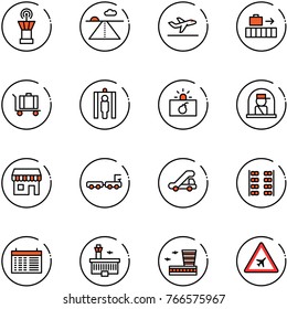 line vector icon set - airport tower vector, runway, departure, baggage, metal detector gate, terrorism, officer window, duty free, truck, trap, plane seats, schedule, building, road sign