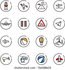 line vector icon set - airport tower vector, traffic controller, runway, departure, plane, seats, side wind road sign, paper fly, ball, air balloon, mill, dryer, helicopter toy, beach