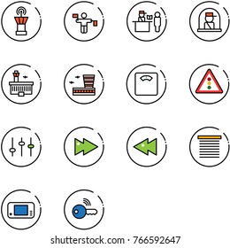 line vector icon set - airport tower vector, traffic controller, passport control, officer window, building, floor scales, light road sign, settings, fast forward, backward, jalousie, game console