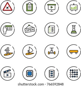 line vector icon set - airport vector road sign, clipboard, presentation board, chart, open, list, chess queen, surfing, windsurfing, gyroscope, skateboard, movie flap, cpu, chip, circuit
