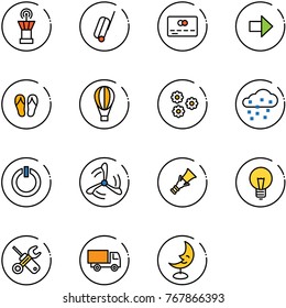 line vector icon set - airport tower vector, suitcase, credit card, right arrow, flip flops, air balloon, flower, snow, standby button, wind mill, dowel, bulb, wrench screwdriver, truck toy