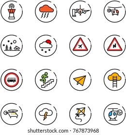 line vector icon set - airport tower vector, storm, boarding passengers, helicopter, christmas landscape, snowfall, road sign, abrupt turn right, no bus, career, paper fly, cloud ladder, kite, toy