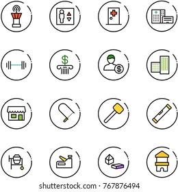 line vector icon set - airport tower vector, elevator, first aid room, hospital building, barbell, bank, account, store, fretsaw, rubber hammer, level, cocncrete mixer, stapler, constructor blocks