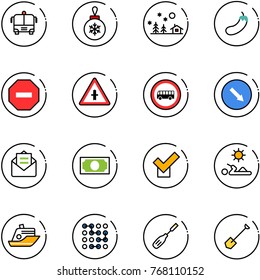 line vector icon set - airport bus vector, christmas ball, landscape, eggplant, no way road sign, intersection, detour, opened mail, money, check, reading, cruiser, circuit, chisel, shovel