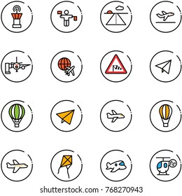 line vector icon set - airport tower vector, traffic controller, runway, departure, boarding passengers, plane globe, side wind road sign, paper fly, air balloon, kite, toy, helicopter