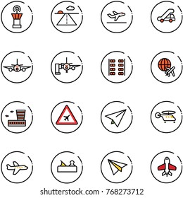 line vector icon set - airport tower vector, runway, departure, trap truck, plane, boarding passengers, seats, globe, building, road sign, paper, helicopter, jointer, toy