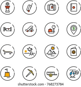line vector icon set - airport tower vector, suitcase, passport, hotel, trap truck, baggage scales, dollar pin, lounger, palm, pyramid, sand castle, axe, trailer, helicopter toy