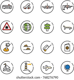 line vector icon set - airport bus vector, trap truck, plane, boarding passengers, tunnel road sign, globe, signpost, lounger, palm, flip flops, suitcase, passport, sail boat, lighthouse