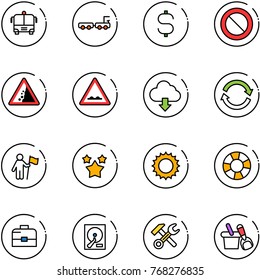 line vector icon set - airport bus vector, baggage truck, dollar sign, prohibition road, landslide, rough, download cloud, refresh, win, stars, sun, lifebuoy, case, hdd, wrench hammer, shovel bucket