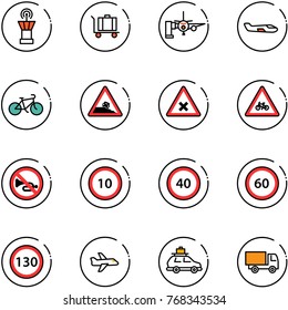 line vector icon set - airport tower vector, baggage, boarding passengers, small plane, bike, steep roadside road sign, railway intersection, for moto, no horn, speed limit 10, 40, 60, 130, car