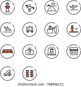 line vector icon set - airport tower vector, traffic controller, runway, departure, arrival, baggage, passport control, travolator, waiting area, terrorism, officer window, duty free, trap truck