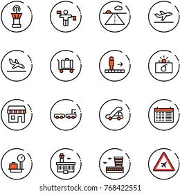 line vector icon set - airport tower vector, traffic controller, runway, departure, arrival, baggage, travolator, terrorism, duty free, truck, trap, schedule, scales, building, road sign