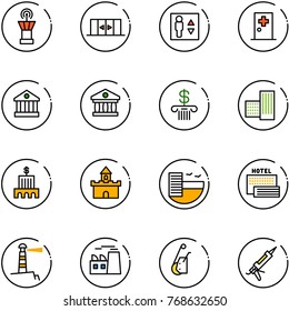 line vector icon set - airport tower vector, automatic doors, elevator, first aid room, bank, building, sand fort, hotel, sea, lighthouse, plant, winch, gun sealant