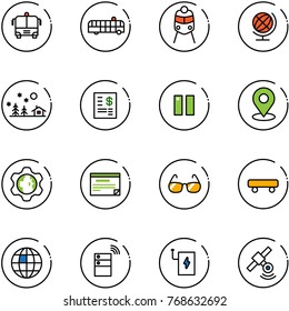 line vector icon set - airport bus vector, train, globe, christmas landscape, account statement, pause, map pin, gear, schedule, sunglasses, skateboard, server wireless, power bank, satellite