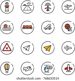 line vector icon set - airport tower vector, runway, plane radar, departure, baggage, waiting area, trap truck, globe, road sign, paper fly, air balloon, toy, helicopter